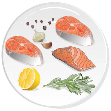 Tabakta otlar olan çiğ somon filetosu. Beyaz arka plan. Ve