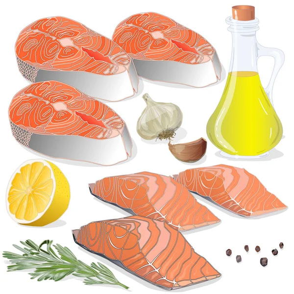 Raw salmon fillets with herbs on white background. Vector illust — Stock Vector