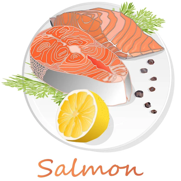 Filetes de salmón crudo con hierbas en el plato. Fondo blanco. Ve. — Archivo Imágenes Vectoriales