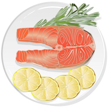 Tabakta otlar olan çiğ somon filetosu. Beyaz arka plan. Ve