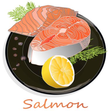 Tabakta otlar olan çiğ somon filetosu. Beyaz arka plan. Ve