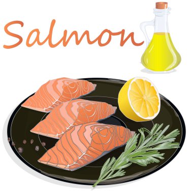 Tabakta otlar olan çiğ somon filetosu. Beyaz arka plan. Ve