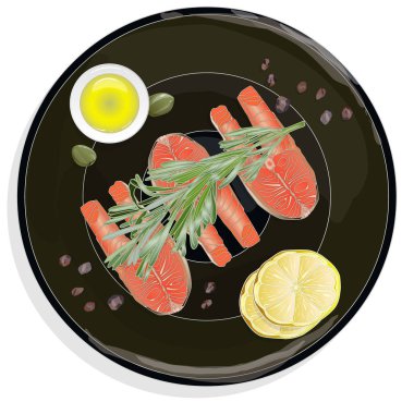 Tabakta otlar olan çiğ somon filetosu. Beyaz arka plan. Ve