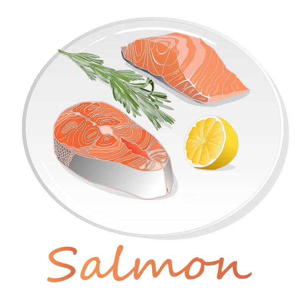 Raw salmon fillets with herbs on the plate. White background. Ve — Stock Vector