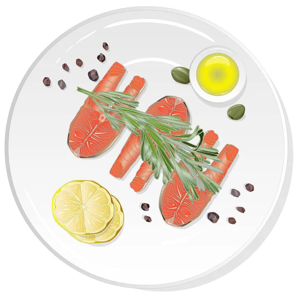 Filetes de salmón crudo con hierbas en el plato. Fondo blanco. Ve. — Vector de stock