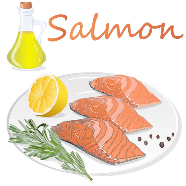 Raw salmon fillets with herbs on the plate. White background. Ve — Stock Vector