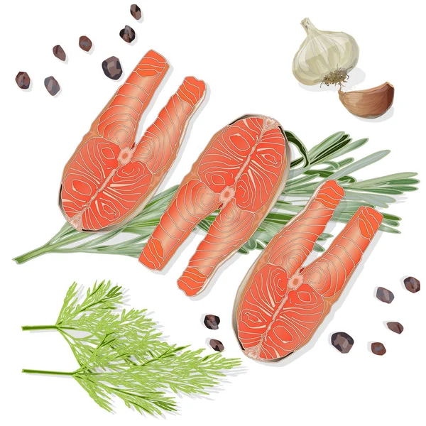 Filetes de salmón crudo con hierbas sobre fondo blanco. Ilustración vectorial — Vector de stock