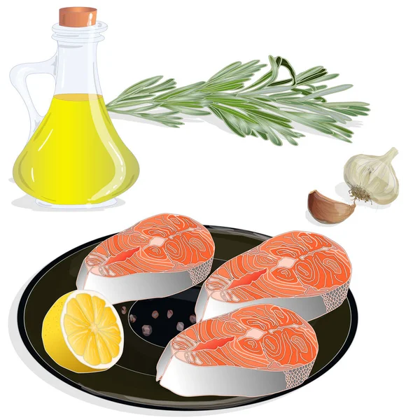 Filetes de salmón crudo con hierbas en el plato. Fondo blanco. Ve. — Vector de stock