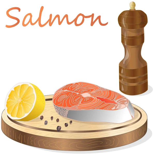 Raw salmon fillets with herbs on wooden dwsk. White background. — Stock Vector