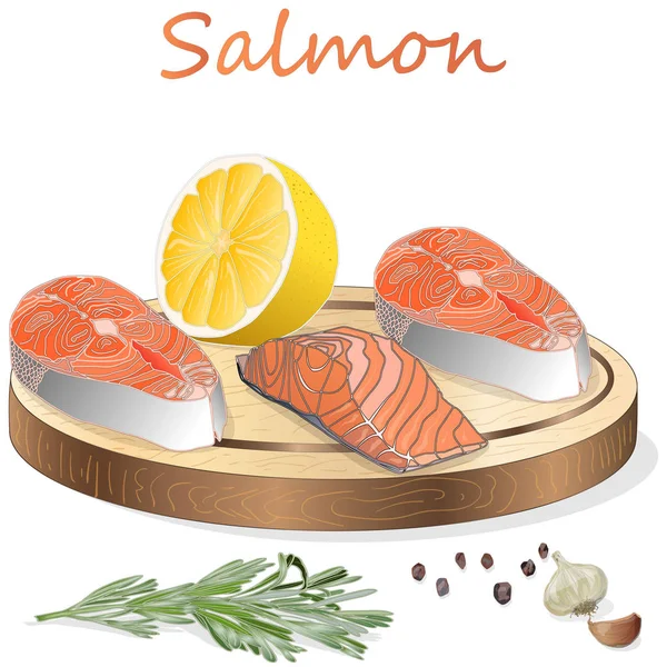 Filets de saumon cru avec des herbes sur dwsk en bois. Fond blanc . — Image vectorielle