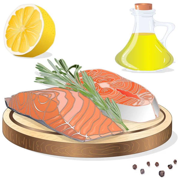 Raw salmon fillets with herbs on wooden dwsk. White background. — Stock Vector