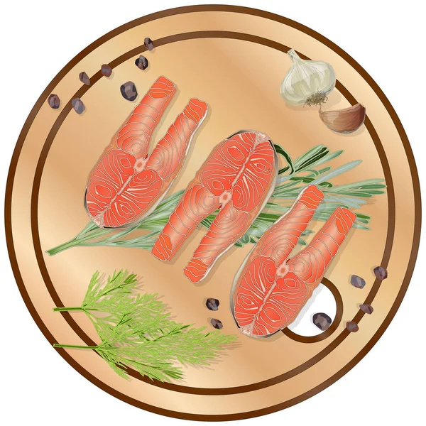 Raw salmon fillets with herbs on wooden dwsk. White background. — Stock Vector