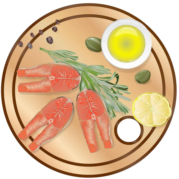 Raw salmon fillets with herbs on wooden dwsk. White background. — Stock Vector