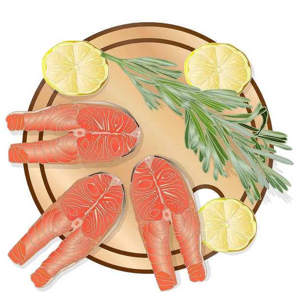 Raw salmon fillets with herbs on wooden dwsk. White background. — Stock Vector