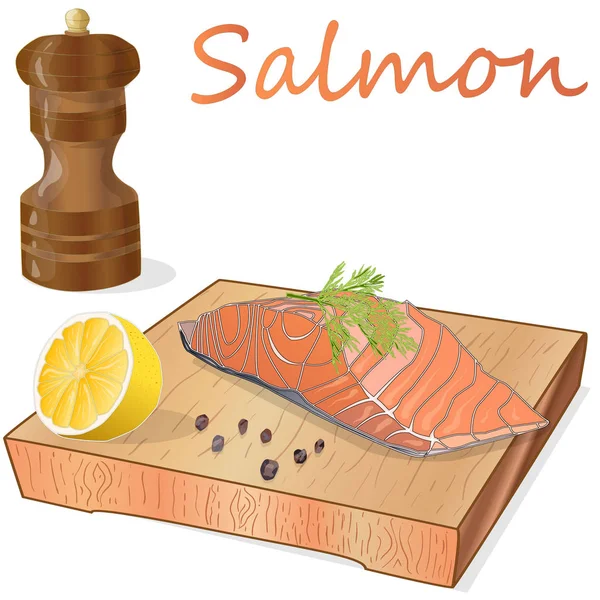 Raw salmon fillets with herbs on wooden dwsk. White background. — Stock Vector