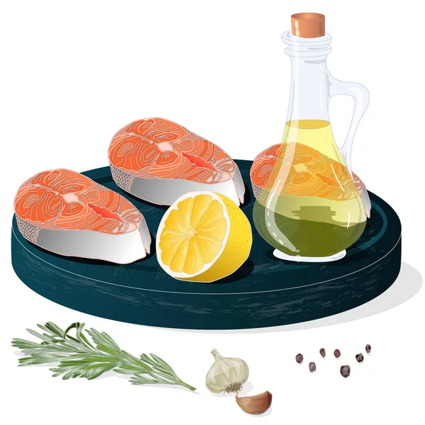Raw salmon fillets with herbs on wooden desk. White background. — Stock Vector