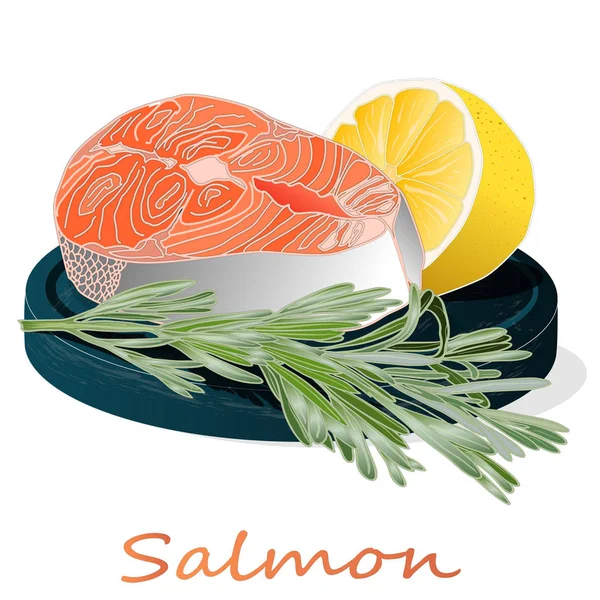 Raw salmon fillets with herbs on wooden dwsk. White background. — Stock Vector