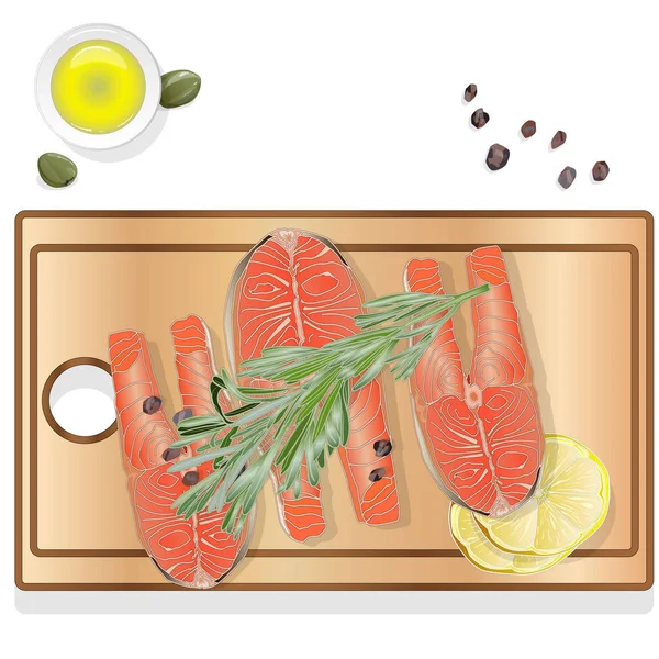 Filetti di salmone crudi con erbe su scrivania di legno. Fondo bianco . — Vettoriale Stock