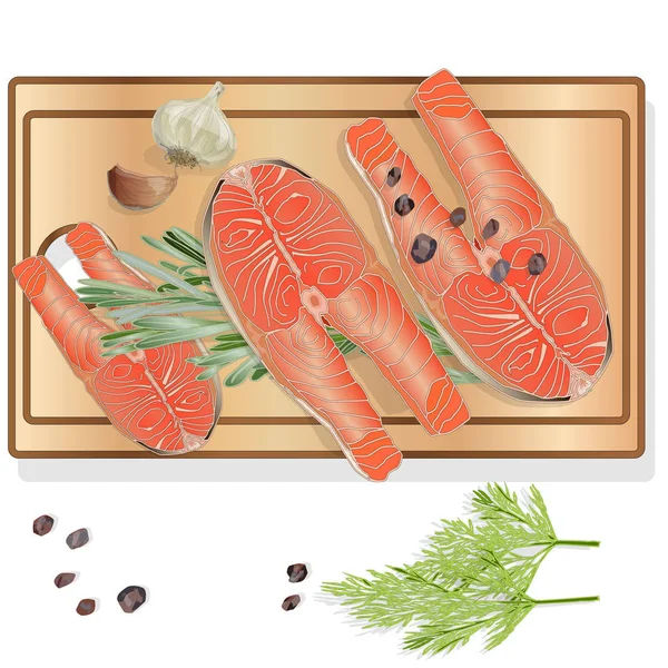 Raw salmon fillets with herbs on wooden desk. White background. — Stock Vector