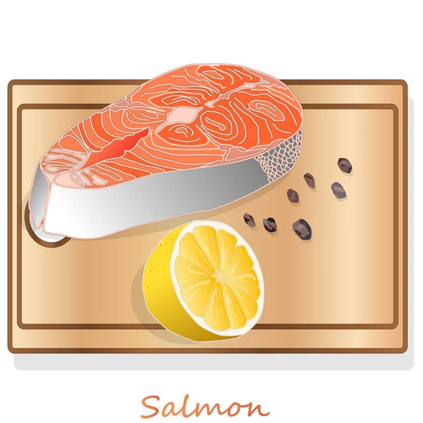 Raw salmon fillets with herbs on wooden dwsk. White background. — Stock Vector