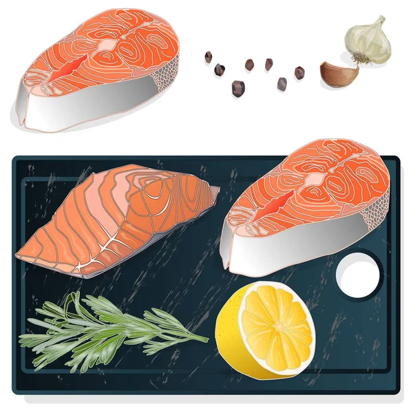 Raw salmon fillets with herbs on wooden desk. White background. — Stock Vector