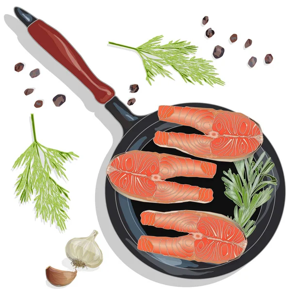 Raw salmon fillets on the pan with herbs. White background. Vect — Stock Vector