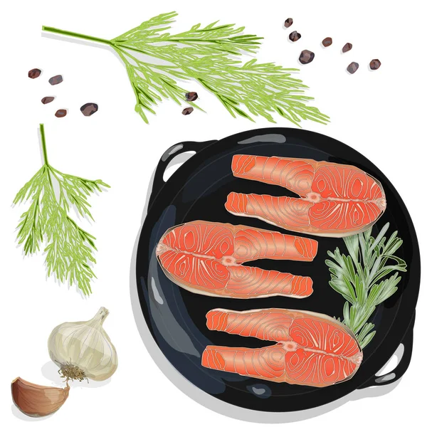 Raw salmon fillets on the pan with herbs. White background. Vect — Stock Vector