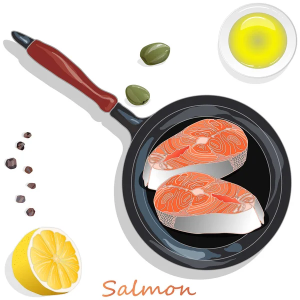 Filetes de salmón crudo en la sartén con hierbas. Fondo blanco. Vect. — Vector de stock