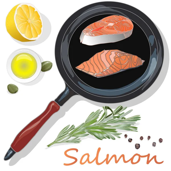 Raw salmon fillets on the pan with herbs. White background. Vect — Stock Vector