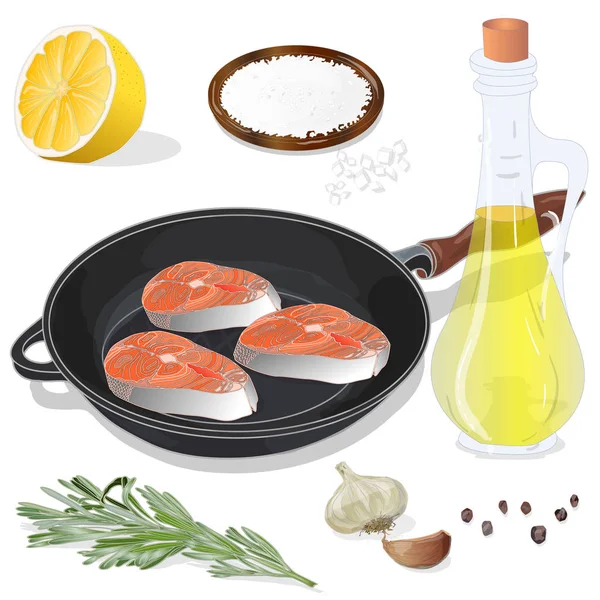 Raw salmon fillets on the pan with herbs. White background. Vect — Stock Vector