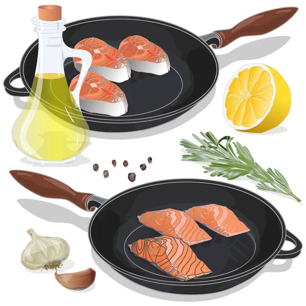 Raw salmon fillets on the pan with herbs. White background. Vect — Stock Vector