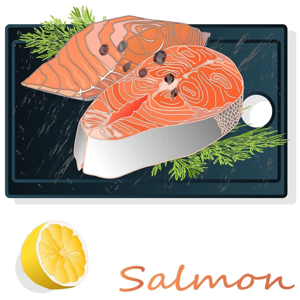 Raw salmon fillets with herbs on wooden desk. White background. — Stock Vector