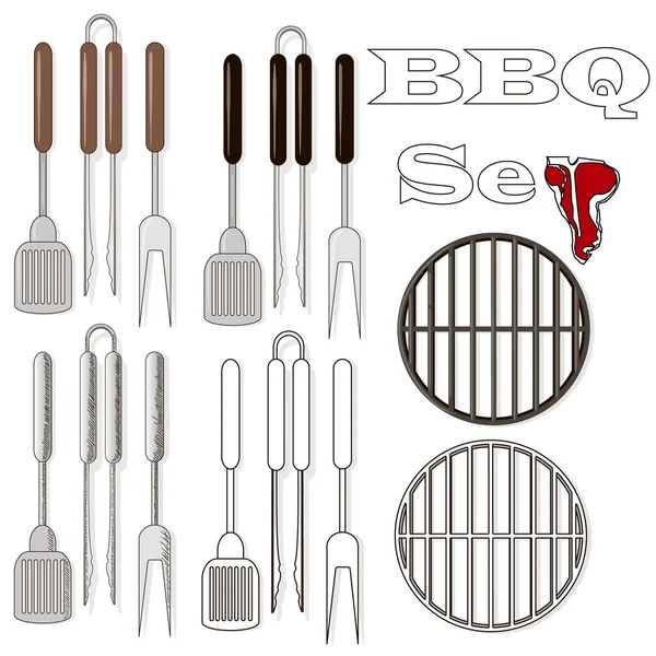 Diferentes herramientas especiales para la fiesta de barbacoa. Bbq parrilla y herramientas — Vector de stock