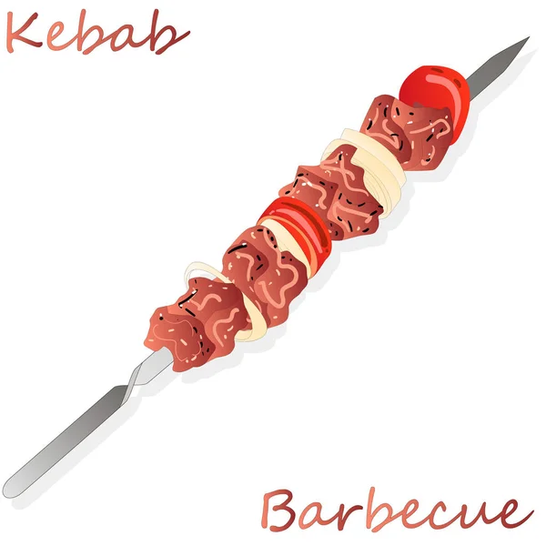 Shish kebab con cipolla e pomodoro ciliegia. Spiedini di carne alla griglia . — Vettoriale Stock