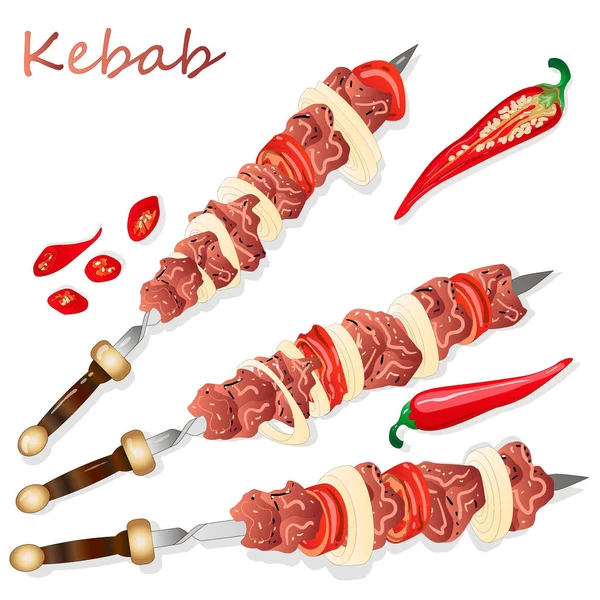 Shish Kebab med lök och körsbärstomat. Grillade köttspett. — Stock vektor