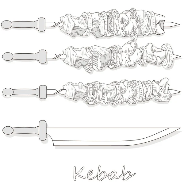 Shish kebab con cebolla y tomate cherry. Pinchos de carne a la parrilla . — Vector de stock