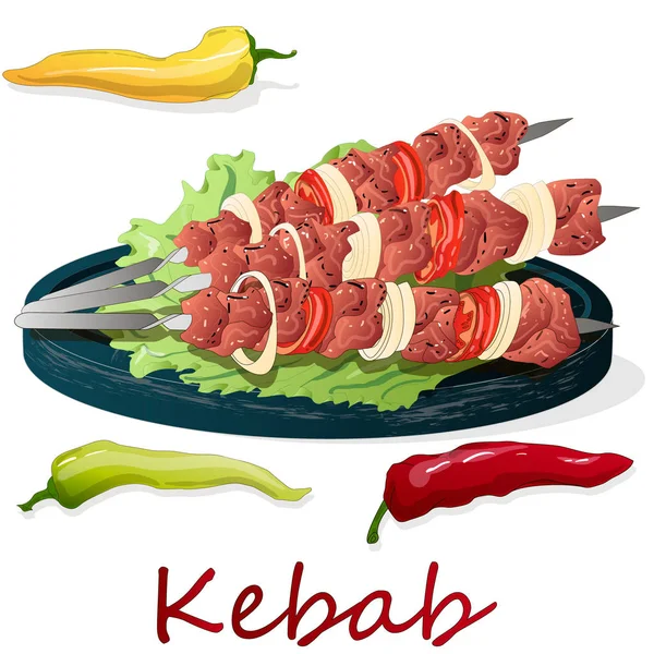Shish kebab con cebolla y tomate cherry. Pinchos de carne a la parrilla . — Vector de stock
