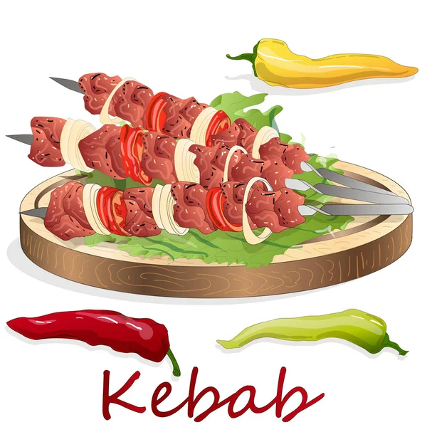 Kebab Shish com cebola e tomate cereja. Espetos de carne grelhada . — Vetor de Stock