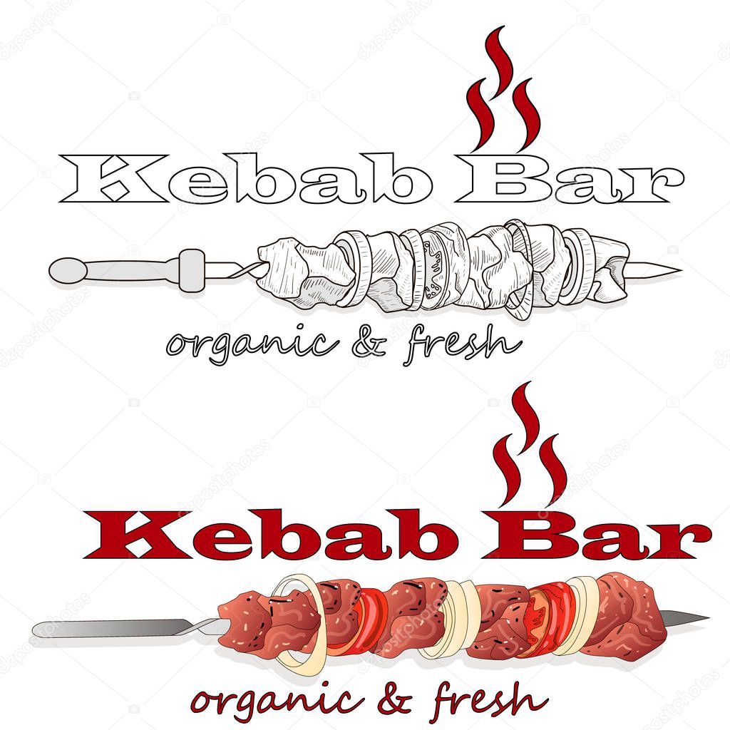 Shish kebab with onion and cherry tomato. Grilled meat skewers. Logo and design. Vector illustration.