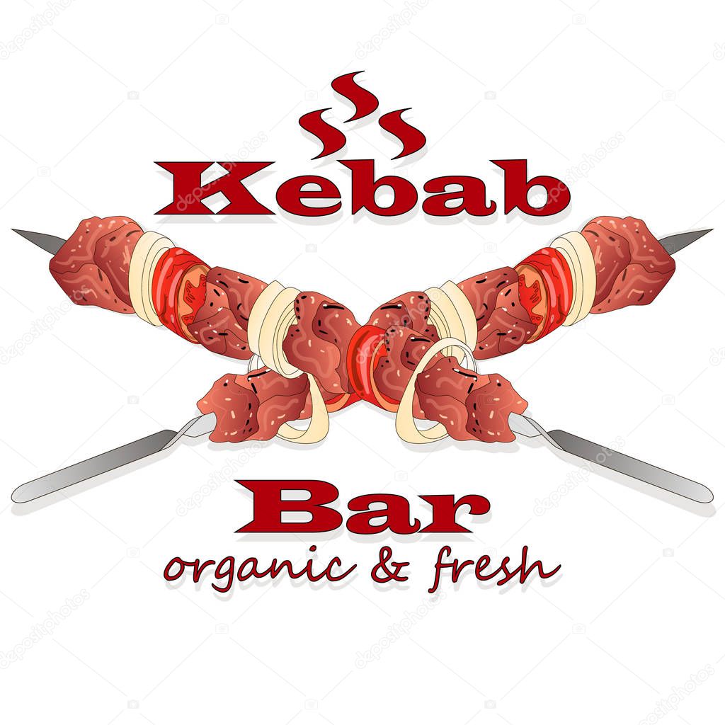 Shish kebab with onion and cherry tomato. Grilled meat skewers. Logo and design. Vector illustration.