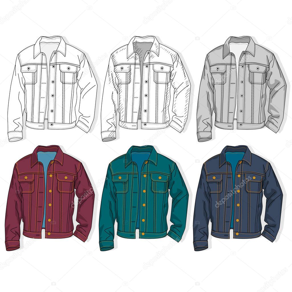 Set of  jeans denim jackets  isolated on white background. Vecto