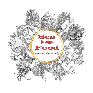 Üst manzarada pişmiş deniz ürünleri. Deniz ürünleri vektör illüstrasyonu. Logo de