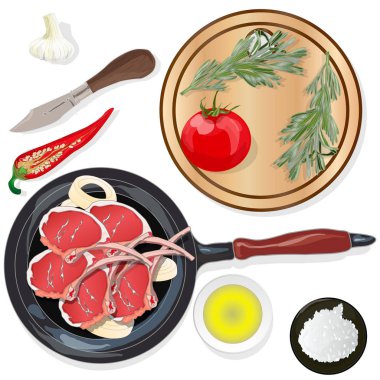 Yan ürünler ve bitkilerle birlikte çeşitli et biftekleri. Ve