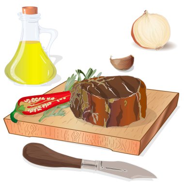 Yan ürünler ve bitkilerle birlikte çeşitli et biftekleri. Ve