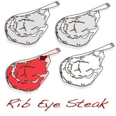 Biftek çizim seti. Farklı renkte bifteklerin vektör resimleri