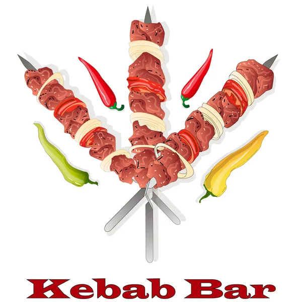 Shish kebab s cibulí a třešňovým rajčaty. Grilované masové špízy. — Stockový vektor