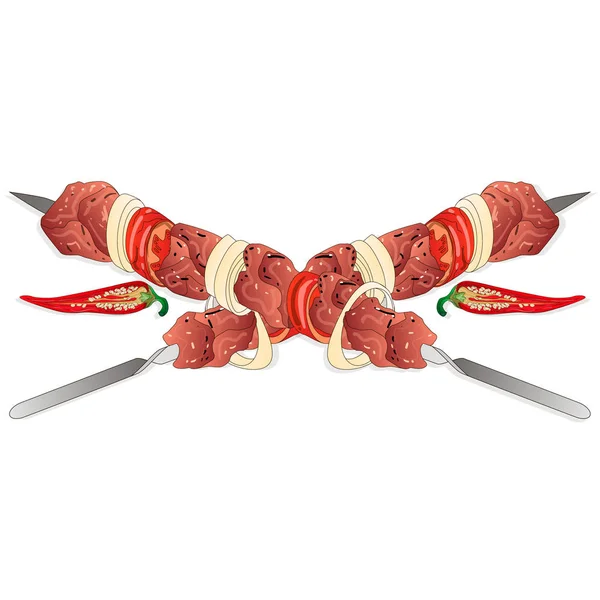 Shish kebab con cebolla y tomate cherry. Pinchos de carne a la parrilla . — Vector de stock