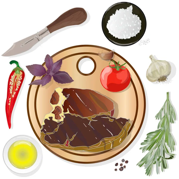 Variété de steaks de viande à bord avec des produits latéraux et des herbes. Ve — Image vectorielle
