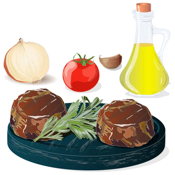 Variété de steaks de viande à bord avec des produits latéraux et des herbes. Ve — Image vectorielle