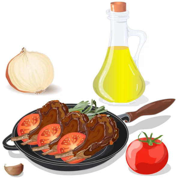 Variety of meat steaks on board with side products and herbs. Ve — Stock Vector